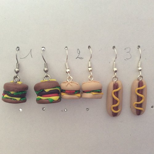 Boucle d'oreille type fimo hamburger ou hot dog