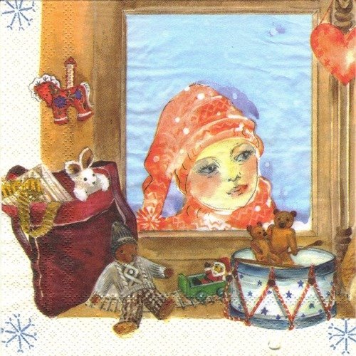 Noel - lot 20 serviettes - cadre petite fille et cadeaux