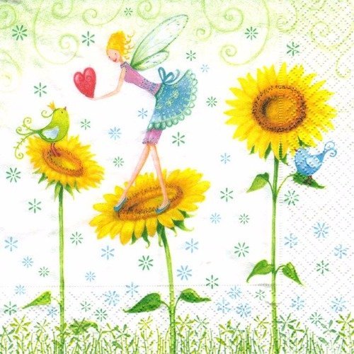 Amour - lot 20 serviettes - tournesol - la fée donne un cœur aux oiseaux 
