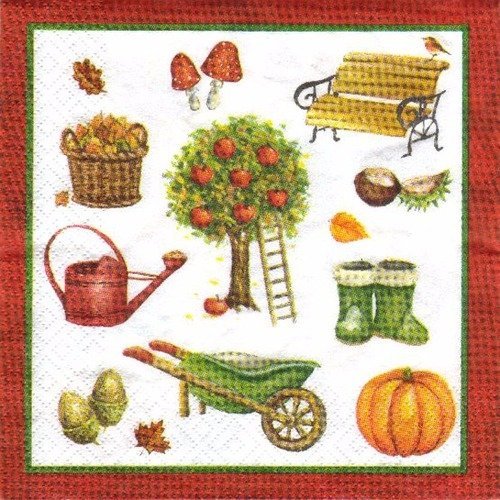 Automne - lot 20 serviettes - dessins: ustensiles de jardin en automne
