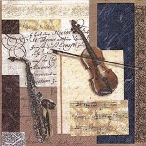 Lot 20 serviettes - violon et saxophone - décors bruns
