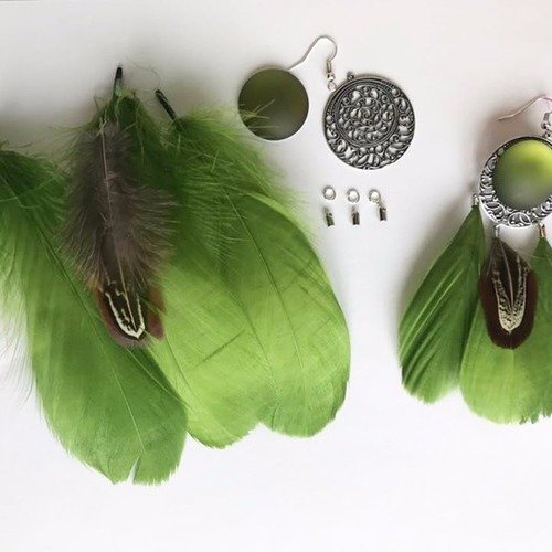 Kit boucles d'oreilles- plumes - vert khaki 