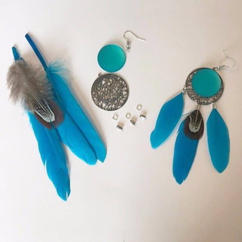 Kit boucles d'oreilles- plumes - bleu turquoise 