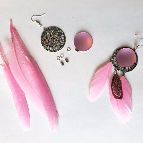 Kit boucles d'oreilles- plumes - rose 