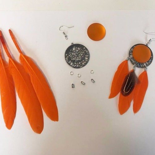 Kit boucles d'oreilles- plumes - orange 