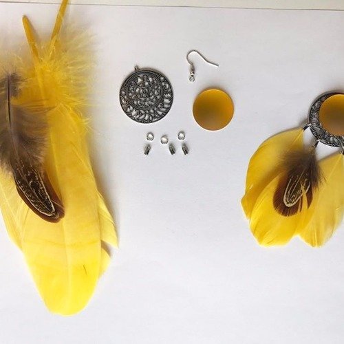 Kit boucles d'oreilles- plumes - jaune 