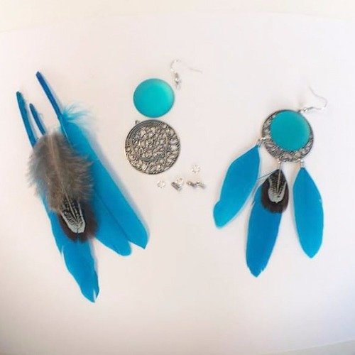 Kit boucles d'oreilles- plumes - bleu fluo 