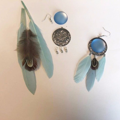 Kit boucles d'oreilles- plumes - bleu clair 