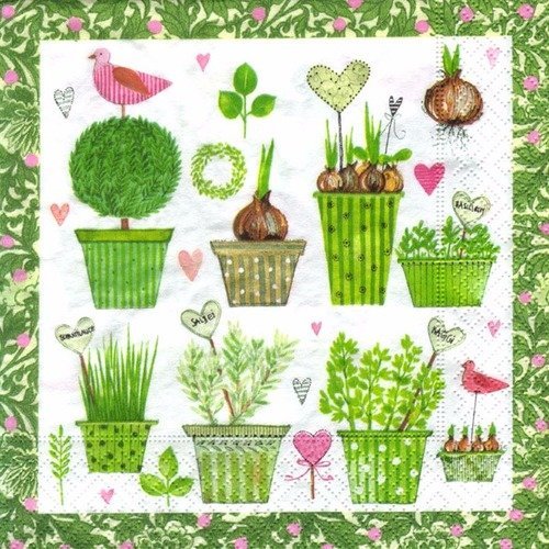 Lot 20 serviettes - décors jardin au printemps - pot à arbustes et oiseaux