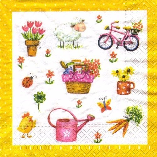 Lot 20 serviettes - vélo, arrosoir, pot de fleurs - vive le printemps