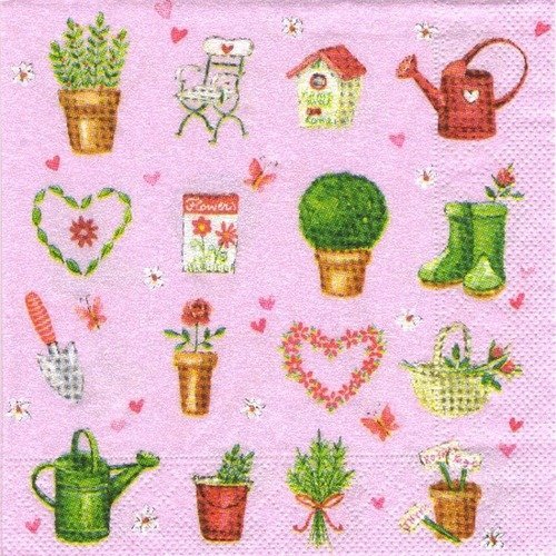 Lot 20 serviettes - thème jardinage et été sur fond rose 