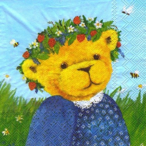 Lot 20 serviettes - petite ours avec couronne de fleurs