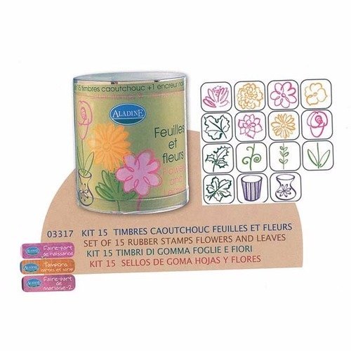 Aladine - feuilles et fleurs - kit 15 tampons + encreur 