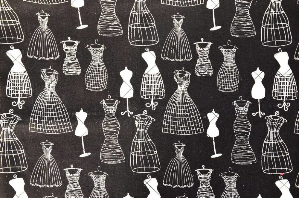 Tissus en coton/lin vintage motif "buste de couture" noir et blanc 47