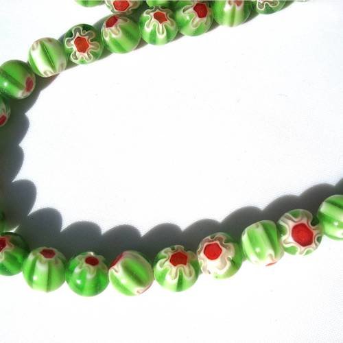 Lot de 10 perles de verre millefiori 8mm vert blanc rouge 