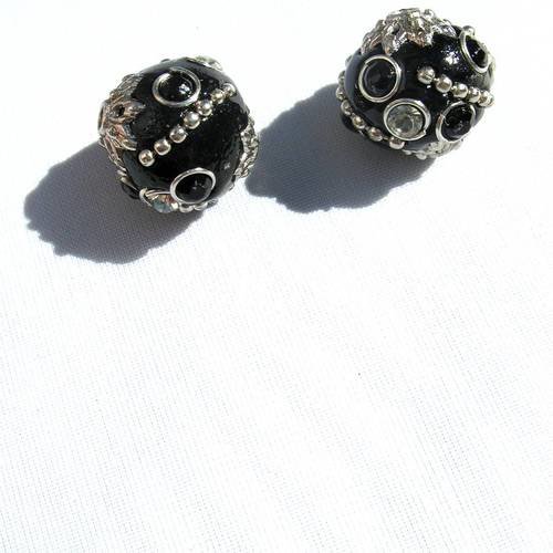2 perles indonésiennes noires et argentées à strass 15 mm
