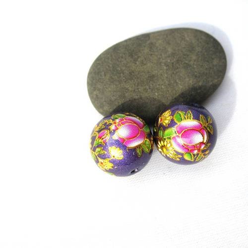 2 perles en verre violet et fuchsia fleurs peintes à la main 10 mm
