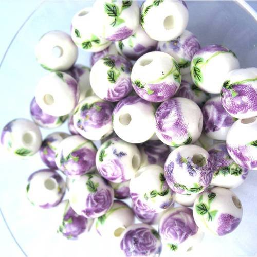 Lot de 2 perles porcelaines blanches et mauve fleur orchidée 10 mm