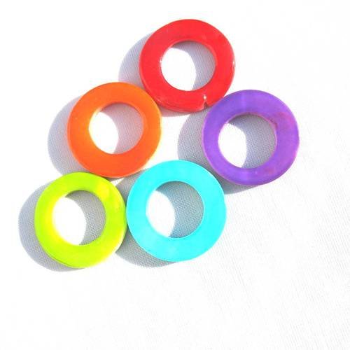 5 perles donuts coquillage 20 mm rouge, violet, turquoise, vert anis, orange