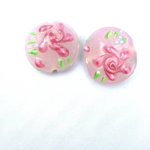 2 perles lampwork roses à motif de fleur faites main