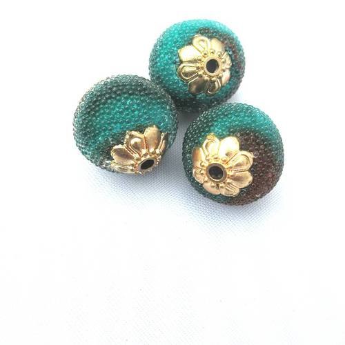 Perle indonésienne doré microbille vert et marron 14 mm