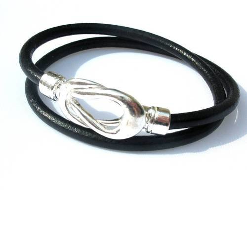 Kit bracelet cuir noir 2 rangs fermoir magnétique argenté en forme de noeud trou 4 mm