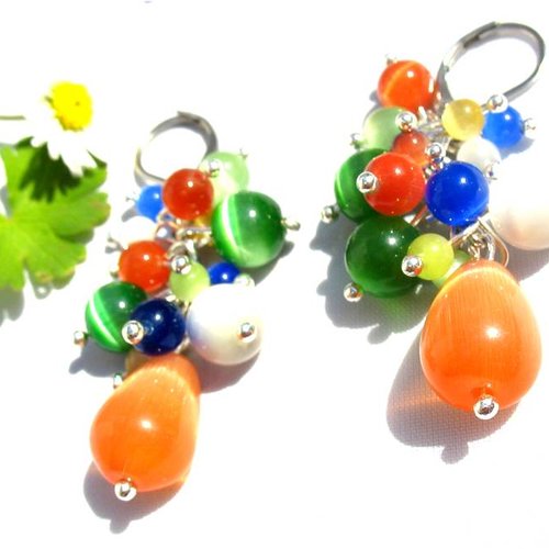 Boucles d'oreilles grappes perles œil de chat multicolores supports en acier inoxydable