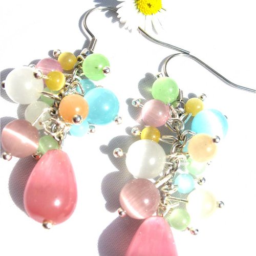 Boucles d'oreilles grappes perles œil de chat multicolores pastelles supports en acier inoxydable