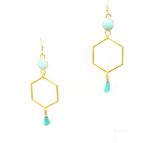 Boucles d'oreilles hexagonales  dorées et turquoise sur supports crochets en acier inoxydable