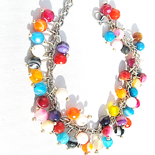 Bracelet multi perles agates multicolores chaine en acier inoxydable réglable