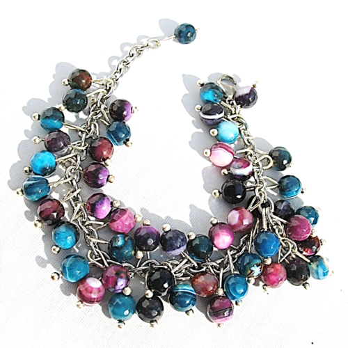 Bracelet multi perles agates violine et bleu sur chaine en acier inoxydable réglable