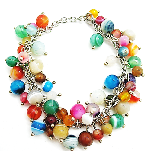 Bracelet multi perles agates multicolores  de 8 et 6 mm chaine en acier inoxydable réglable