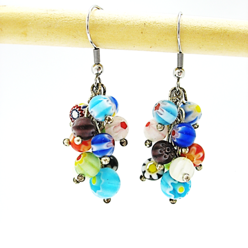 Boucles d'oreilles grappes perles millefiories multicolores  supports crochets en acier inoxydable