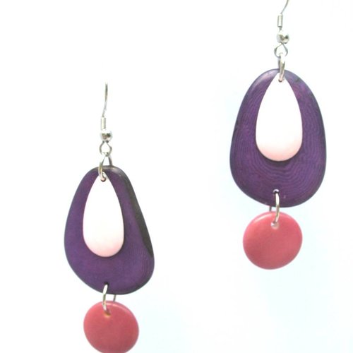 Boucles d'oreilles tagua violet vieux rose et sequins émaillés rose sur crochets en acier inoxydable