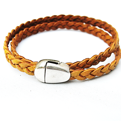 Bracelet cuir tressé beige 2 tours avec fermoir magnétique