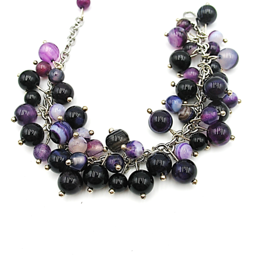 Bracelet multi perles agates violette sur chaine en acier inoxydable réglable
