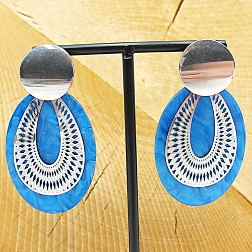 Boucles d'oreilles bleu et argent supports acier inoxydable