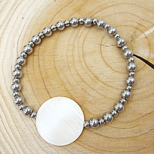 Bracelet élastique en perles acier inoxydable et perle de nacre