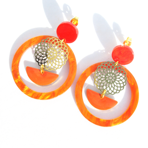 Boucles d'oreilles orange et or supports acier inoxydable