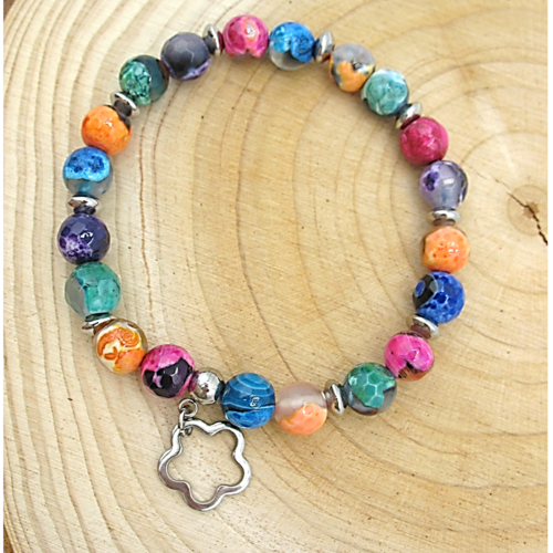 Bracelet élastique perles d'agates multicolores et perles en acier inoxydable