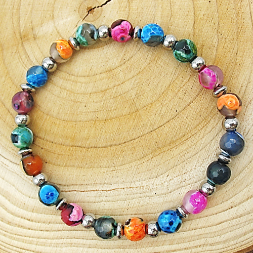 Bracelet élastique perles d'agates multicolores et perles en acier inoxydable