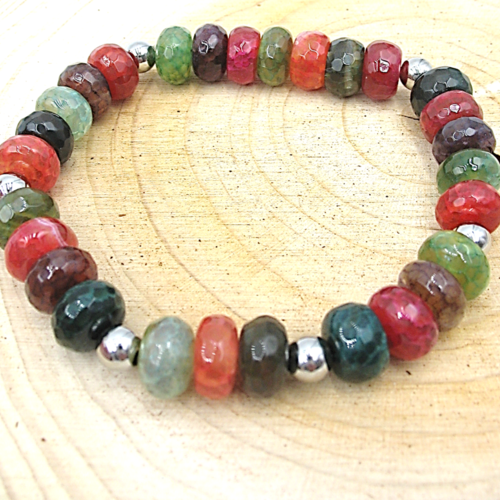 Bracelet élastique en perles d'agate multicolores et acier inoxydable