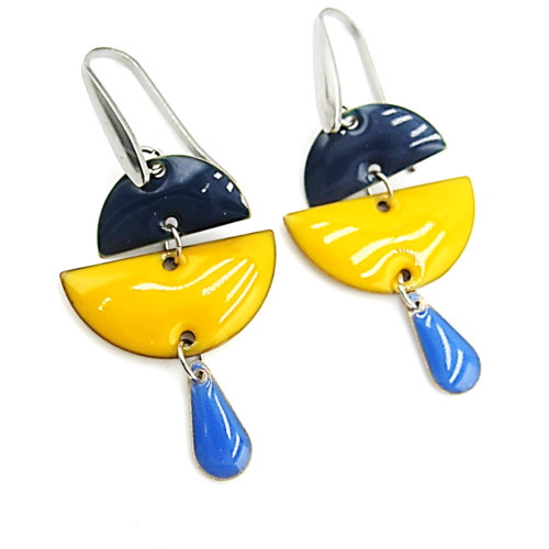 Boucles d'oreilles sequins émaillés jaunes et bleus