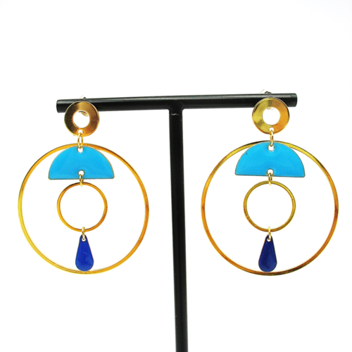 Boucles d'oreilles cercles et sequins émaillés bleus