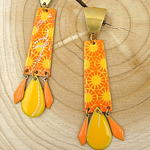 Boucles d'oreilles  sequins émaillés jaune et orange