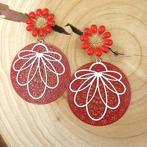 Boucles d'oreilles fleurs rouges et blanches