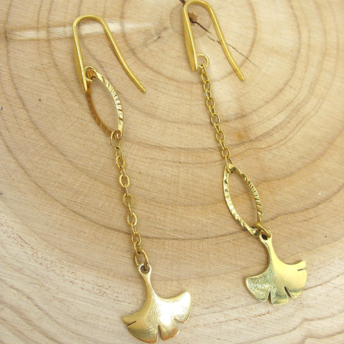 Boucles d'oreilles asymétriques  en acier inoxydable doré feuilles de ginkgo