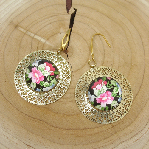 Boucles d'oreilles cabochons fleurs sur supports en acier inoxydable