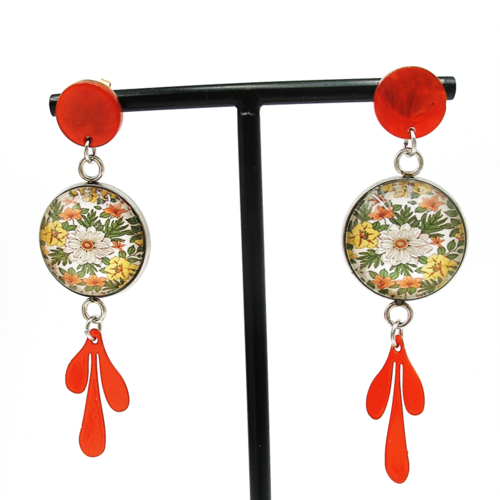 Boucles d'oreilles cabochons fleurs  sur supports en acier inoxydable