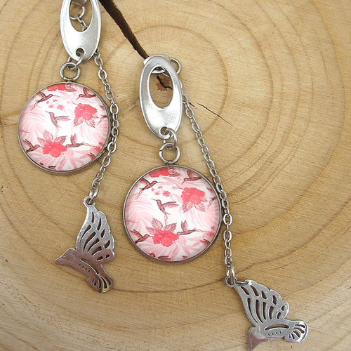Boucles d'oreilles cabochons colibris sur supports en acier inoxydable